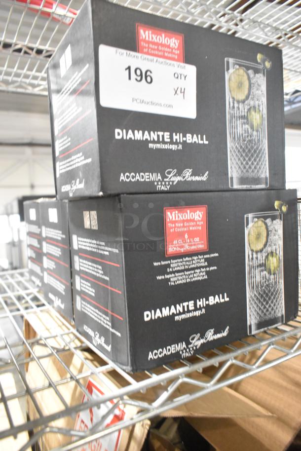 Box of 6 Luigi Bormioli Diamante Hi Ball Glasses, scratch and dent, brand new. Box displays Mixology label and item details.
