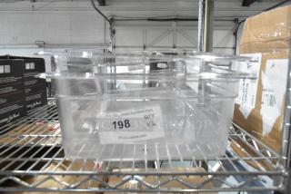 Two brand new Cambro 16CW135 Camwear® full-size clear polycarbonate food pans, 6" deep, with visible scratch and dent. Quantity: 2.