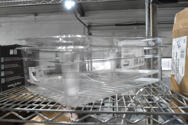 2 Cambro 16CW135 Camwear® full-size clear polycarbonate food pans, 6" deep, new scratch and dent, model 21416CWCL.
