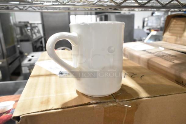 Acopa 8 oz. ivory stoneware mug, new condition, on a cardboard box. Suitable for customizable designs.