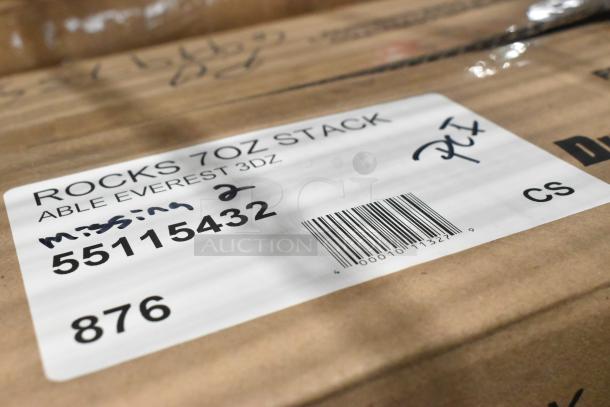 Label on a box with text "Rocks 7oz Stack, Able Everest 3DZ," showing partial barcode and item number 55115432, notes missing 2.