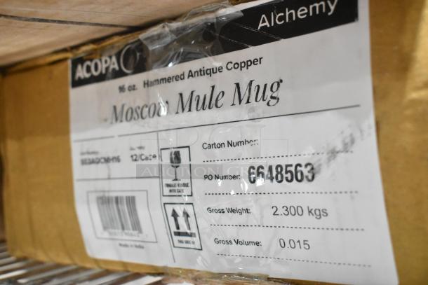 Box labeled "Moscow Mule Mug," Acopa brand, 16 oz. Hammered Antique Copper, 12 per case. PO Number: 6648563.