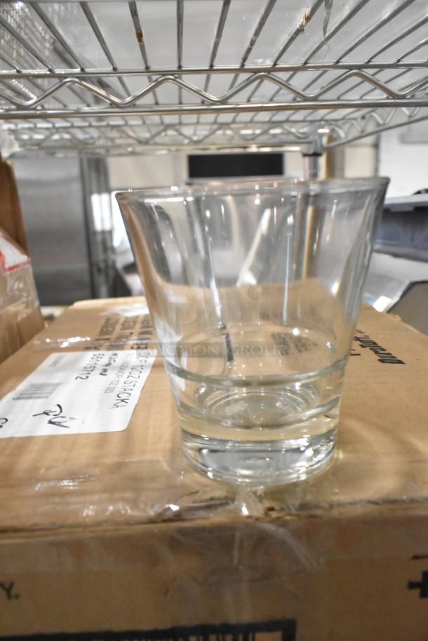 Libbey 15712 Endeavor 12 oz. glass, stackable rocks, displayed on labeled cardboard box, new condition.