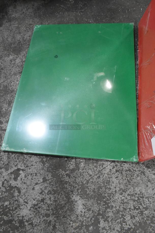 Two brand new scratch and dent Choice cutting boards in green and red, models 40724185RD and 40724185GN.