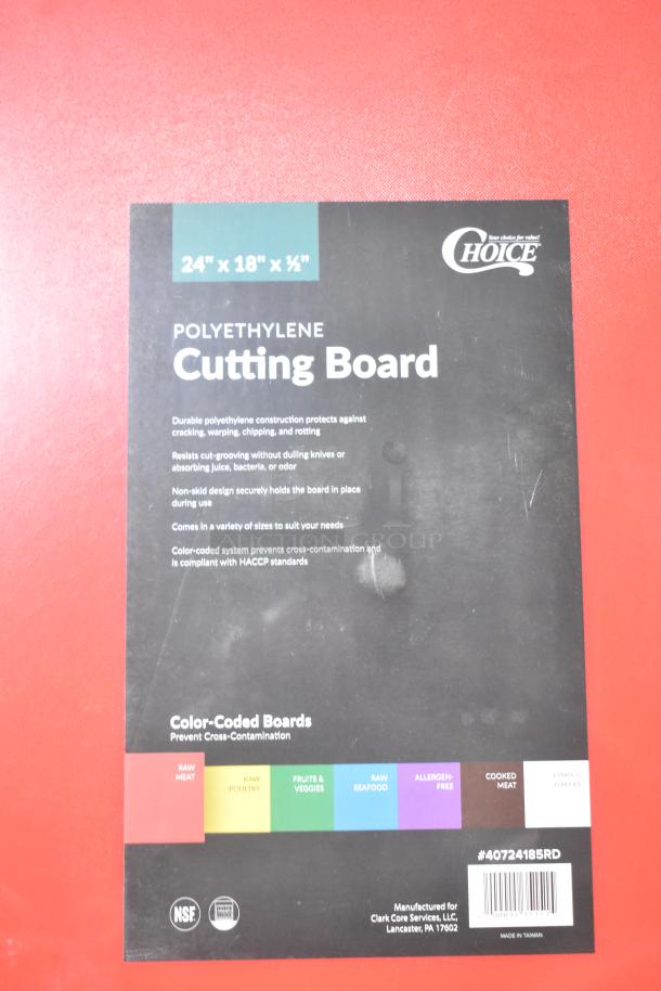 Choice polyethylene cutting board, 24"x18"x½", scratch and dent, color-coded for cross-contamination prevention, model #40724185RD.