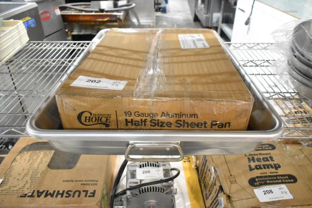 Brand new Choice 13 Qt. aluminum roasting pan with box of Choice half-size 19 gauge wire rim bun sheet pan.