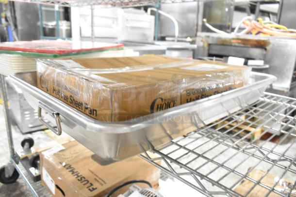 Brand new aluminum baking and sheet pans; 13 Qt. roasting pan and half-size 19 gauge bun pan, with visible Choice branding.
