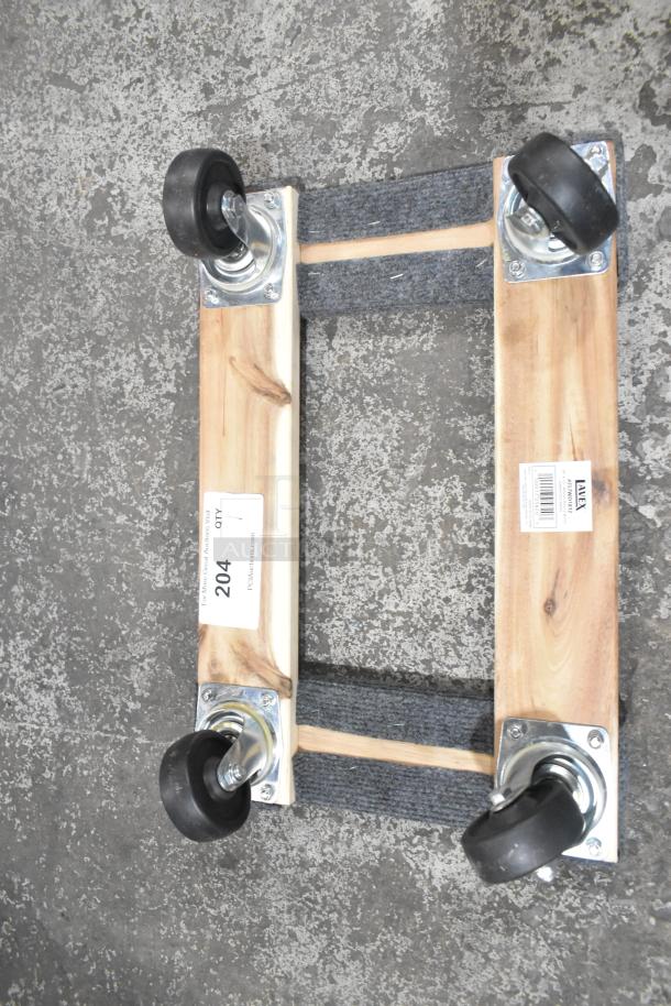 Brand new Lavex 257WD1812 wood dolly, 18"x12", 800 lb. capacity, carpeted ends, 3" wheels, minor scratches and dents.