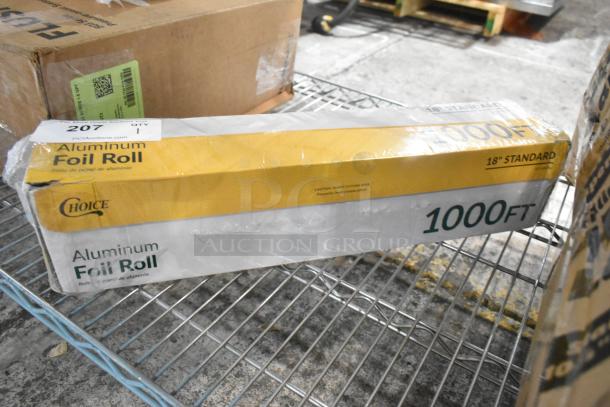 Brand new Choice 18" x 1000' aluminum foil roll, scratch and dent, in original packaging.