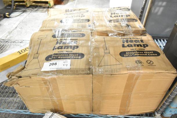 4 new ServIt 423HLS45SS 8' ceiling mount heat lamps in original boxes, scratch and dent condition, stainless steel.