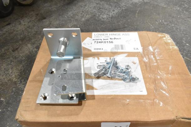 Brand new Curtron 724K0156 zinc lower hinge assembly kit, includes bracket and screws, scratch and dent condition.