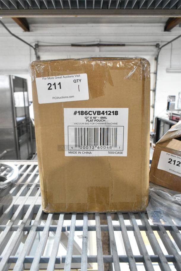 Box of BRAND NEW SCRATCH AND DENT! VacPak-It 12" x 18" Chamber Vacuum Pouches, 4 Mil, 500/Case, labeled #186CVB41218.