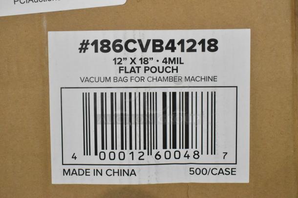Brand new VacPak-It 186CVB41218 chamber vacuum pouches, 12"x18" size, 4 mil thickness, 500 per case, noted as scratch and dent.