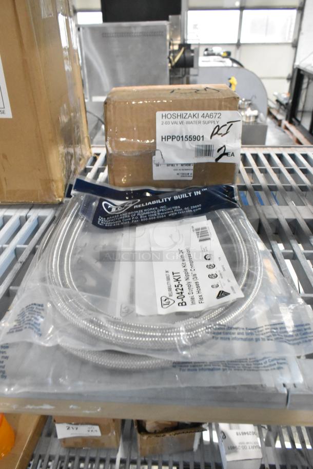 3 new scratch and dent items: T&S B-0425-KIT Inlet Kit with hoses and Hoshizaki 4A6722-03 Water Supply Valve, boxed.