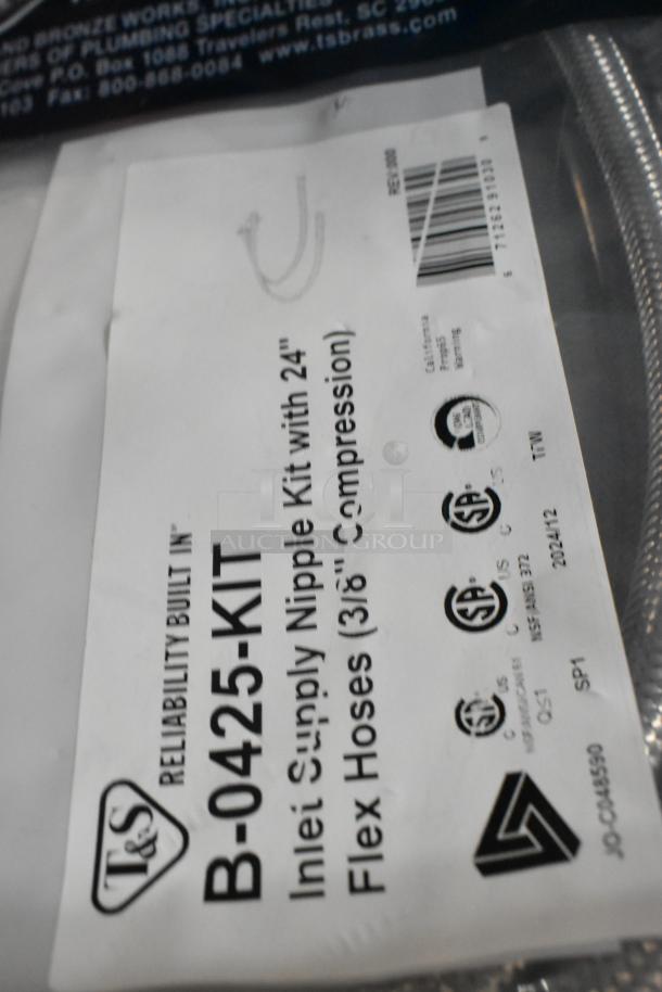 Brand new T&S B-0425-KIT inlet supply kit with 24" hoses, 1/2" NPT male supply nipples, 3/8" compression. Item features clear labeling.
