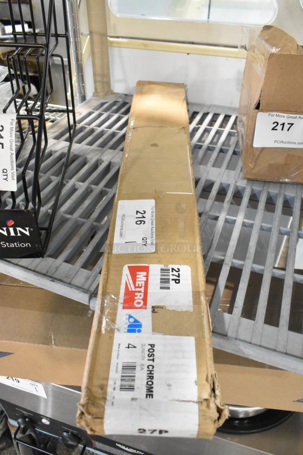 Boxed Metro 27P chrome post, 27" for Super Erecta shelving, brand new with scratches and dents, labels indicate model and specs.