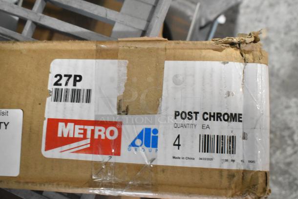 Box labeled "Metro 27P" showing a scratch and dent condition. Contains a brand new 27" chrome post, item code 9845.