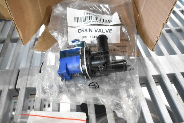Brand new Avantco Ice 19494430 drain valve in original packaging; clear plastic wrap with item label visible.