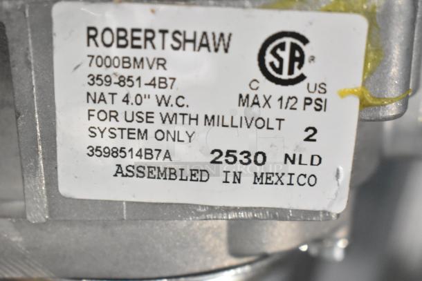 Close-up of Robertshaw 3598514B7A 4" WC natural gas millivolt gas valve. Label indicates use with millivolt system only, assembled in Mexico.