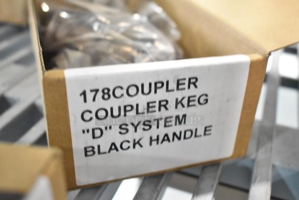 3 brand new Avantco 178COUPLER "D" System beer keg couplers, labeled black handle, in slightly damaged packaging.