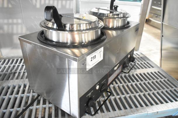 Alt text: Vollrath TW-27R stainless steel food warmer with two cylindrical drop-ins, brand new with minor scratches, 120V, 1 phase.
