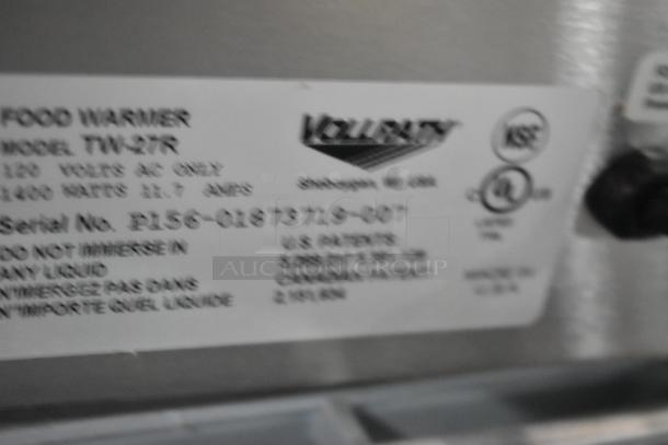 Vollrath TW-27R stainless steel food warmer label, showing model, voltage, and serial number details. New condition.