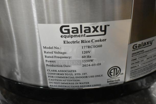 Brand new Galaxy 177RCSG60 electric rice cooker, 120V, 1550W, scratch and dent condition. Production date: 2024-05-09.