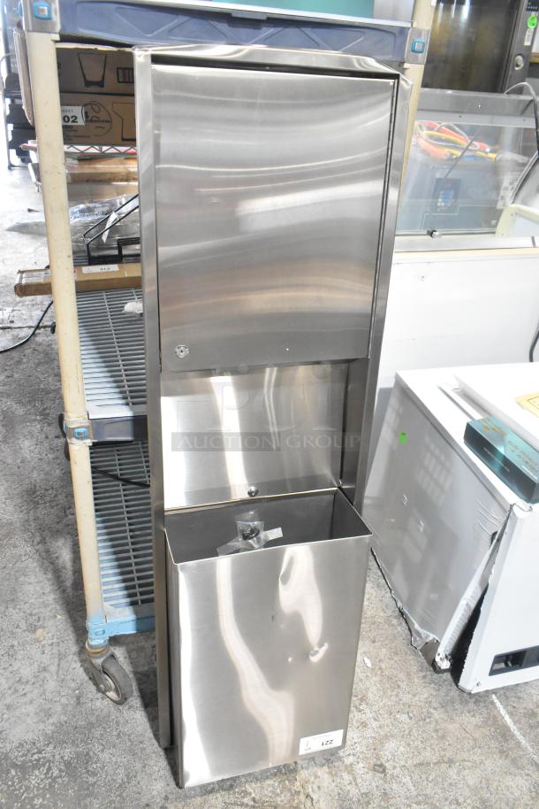 Stainless Steel Wall Mount Trash and Towel Dispenser, brand new with visible scratches and dents.