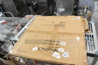 Boxed Regency 600PSWT3030F 30" x 30" poly table top, new with scratch and dent. Multiple labels and tape visible.