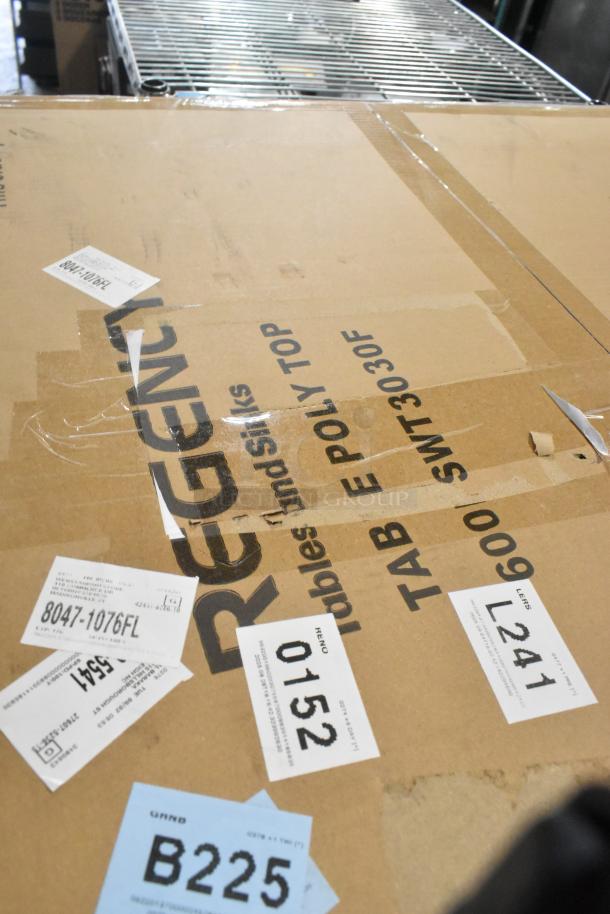 Cardboard box for Regency 600PSWT3030F 30"x30" poly table top, marked as scratch and dent, with visible labels and codes.