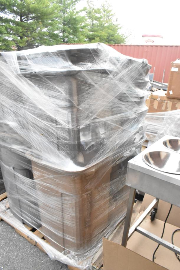 12 poly trash cans wrapped on a pallet, showing durable plastic construction, ready for auction with 12 times your bid value.