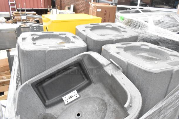 8 gray poly trash cans in good condition, stacked. Durable material, circular top lids. Auction includes 8 units.