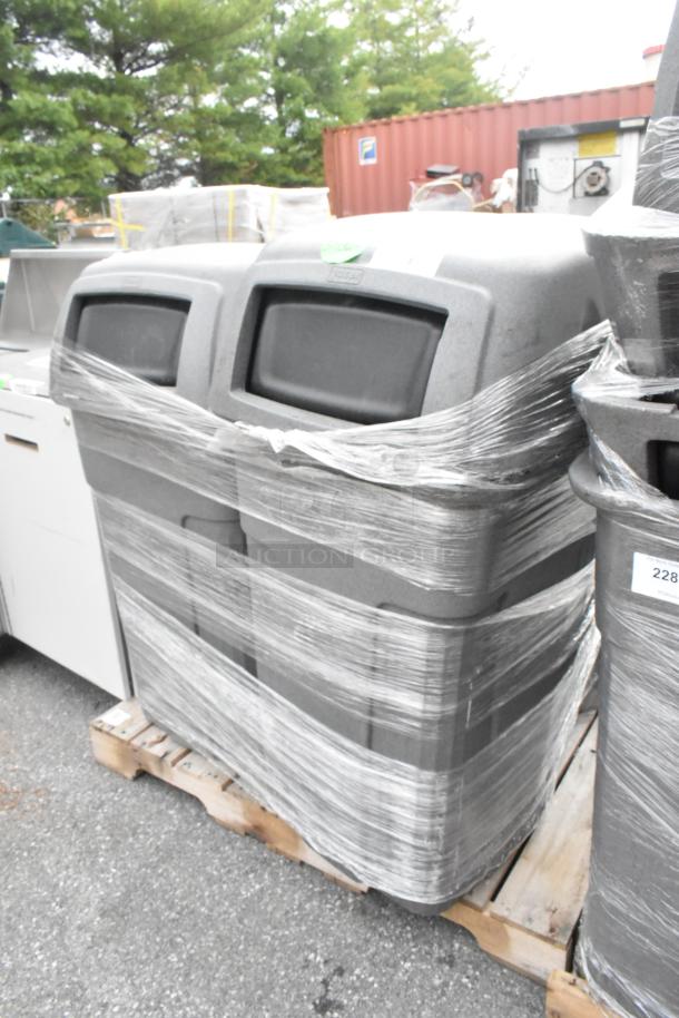 Three poly trash cans, wrapped on pallet, outdoors. Durable plastic, good condition. Labels visible, indicate quantity.