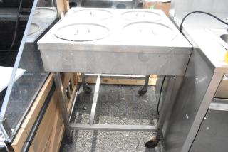Belshaw H&I-4 stainless steel commercial heat and ice station, 208V, 1-phase, on wheels, four covered compartments.