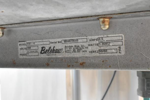 Belshaw H&I-4 Commercial Heat and Ice Station, stainless steel, 208V, 1 phase, tag shows model, volts, amps, and serial number.