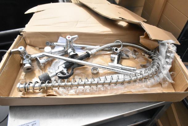 BRAND NEW SCRATCH AND DENT! Equip 5PR-8W12-C Pre Rinse Set in open box, chrome finish, various components included.