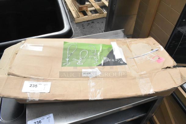 Cardboard box for Equip 5PR-8W12-C Pre Rinse Set, marked "BRAND NEW SCRATCH AND DENT!" with visible shipping labels.
