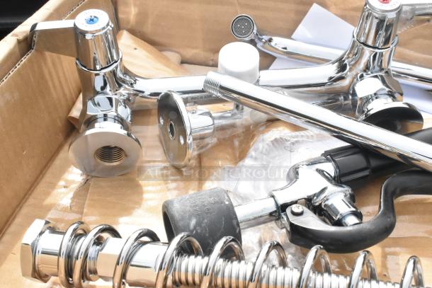 BRAND NEW Equip 5PR-8W12-C Pre Rinse Set, chrome finish, minor scratches, includes faucet parts in original packaging.