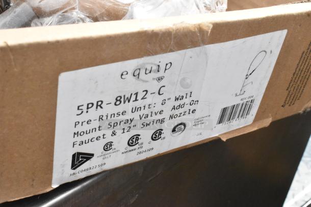 "Equip 5PR-8W12-C Pre Rinse Set in box, 8'' wall mount spray, 12'' swing nozzle, scratch and dent condition, NSF certified."