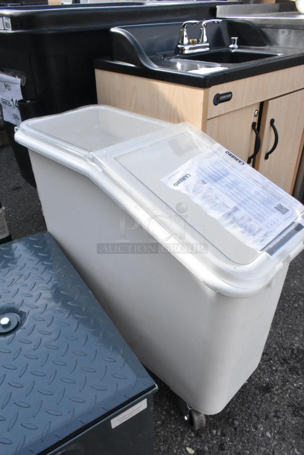 Brand new Cambro IBS20148 21-gallon white slant top storage bin, scratch and dent, with 2-piece sliding lid.