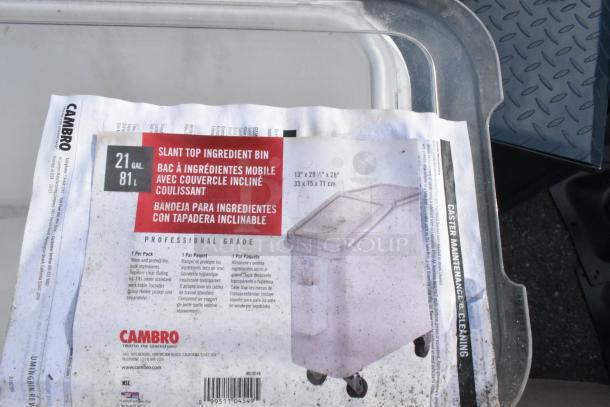 Brand new Cambro IBS20148 21-gallon white slant top ingredient bin with a 2-piece sliding lid, minor scratch and dent.