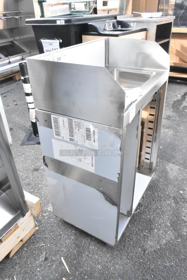 Brand new Regency 600WST1524SB 24" stainless steel waitress station with pan holder, sink bowl, minor dents visible.