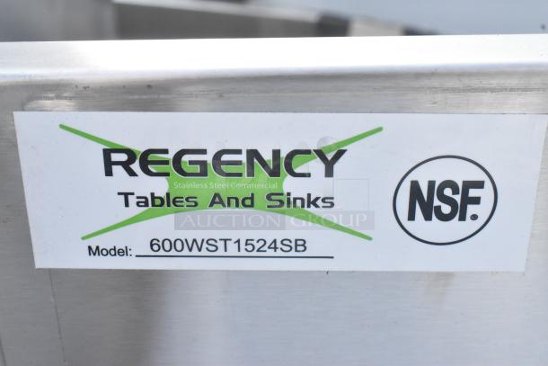 Regency 600WST1524SB 24" stainless steel bussing station, brand new, with pan holder and sink. NSF certified label visible.
