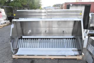Clark stainless steel commercial grease hood with make-up air vent, brand new condition, minor dents visible.