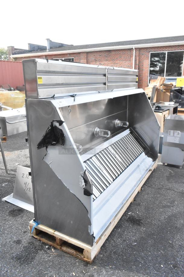 Clark stainless steel commercial grease hood with make-up air vent, brand new, visible scratches and dents, on pallet.