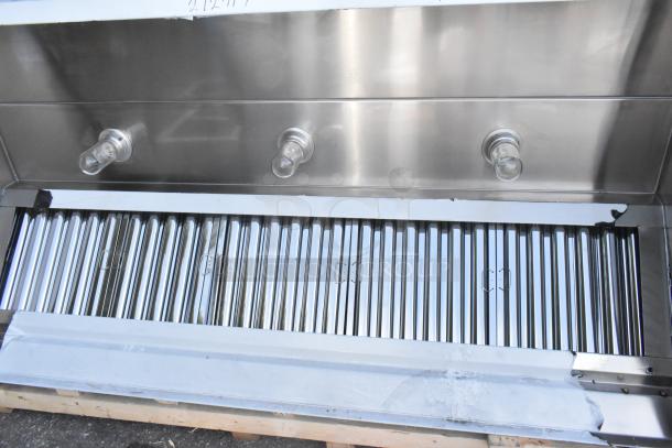 BRAND NEW Clark stainless steel commercial grease hood with make-up air vent. Features minor scratches, dented edge.