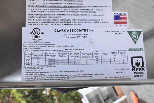Stainless steel Clark commercial grease hood with makeup air vent, brand new, UL listed, serial 212717, ANSI/NSF certified.