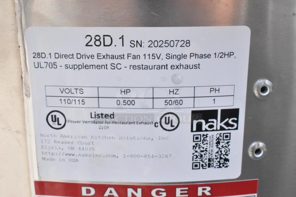 Brand new Naks 28D.1 rooftop mushroom exhaust fan label. 115V, 1 phase, UL listed, scratch and dent condition.