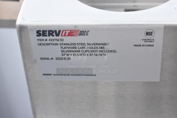 BRAND NEW 2023 ServIt 423TSC32 Tray Cart, stainless steel, holds 18 flatware cylinders, 32"x21-1/8"x37-13/16", NSF-certified.