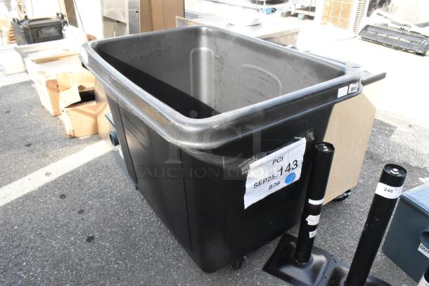 Black Rubbermaid FG461600BLA 16 Cu. Ft. bulk cube truck, new scratch and dent, 500 lb. capacity, tags indicate PCI SEP25 143.